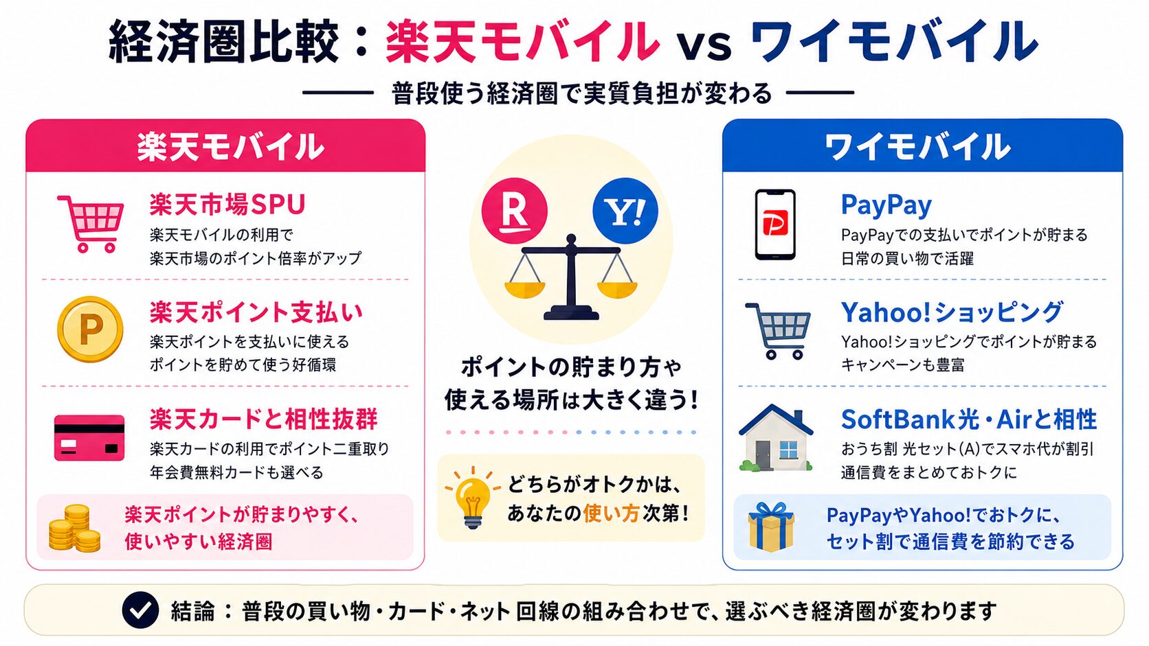 楽天モバイルとワイモバイルの経済圏比較図