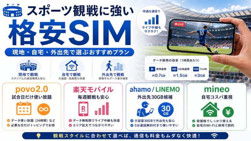 格安SIMでスポーツ観戦を楽しむ完全ガイド｜現地・自宅・外出先別おすすめプラン