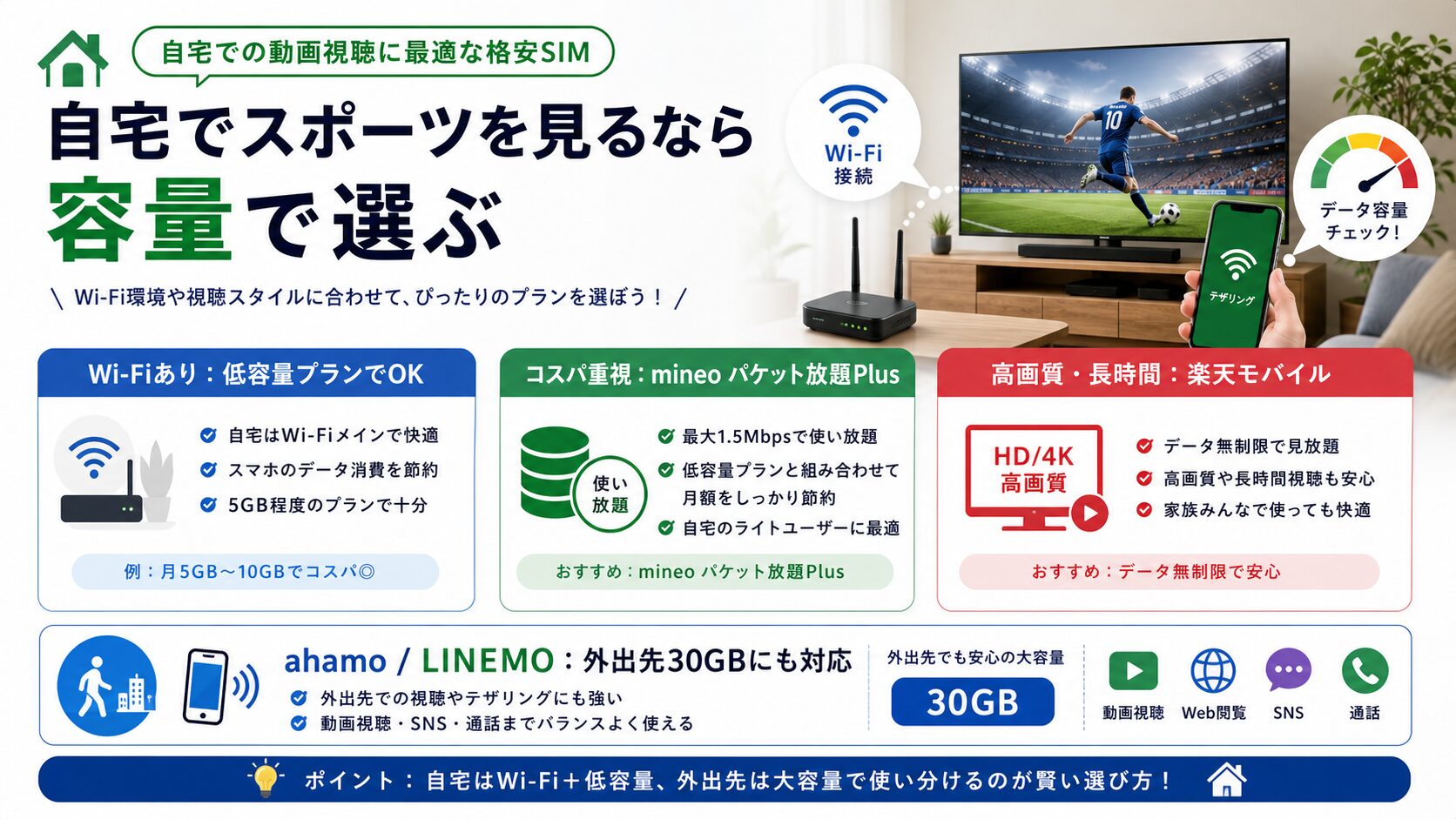 自宅でスポーツを見る向け格安SIM選び図解