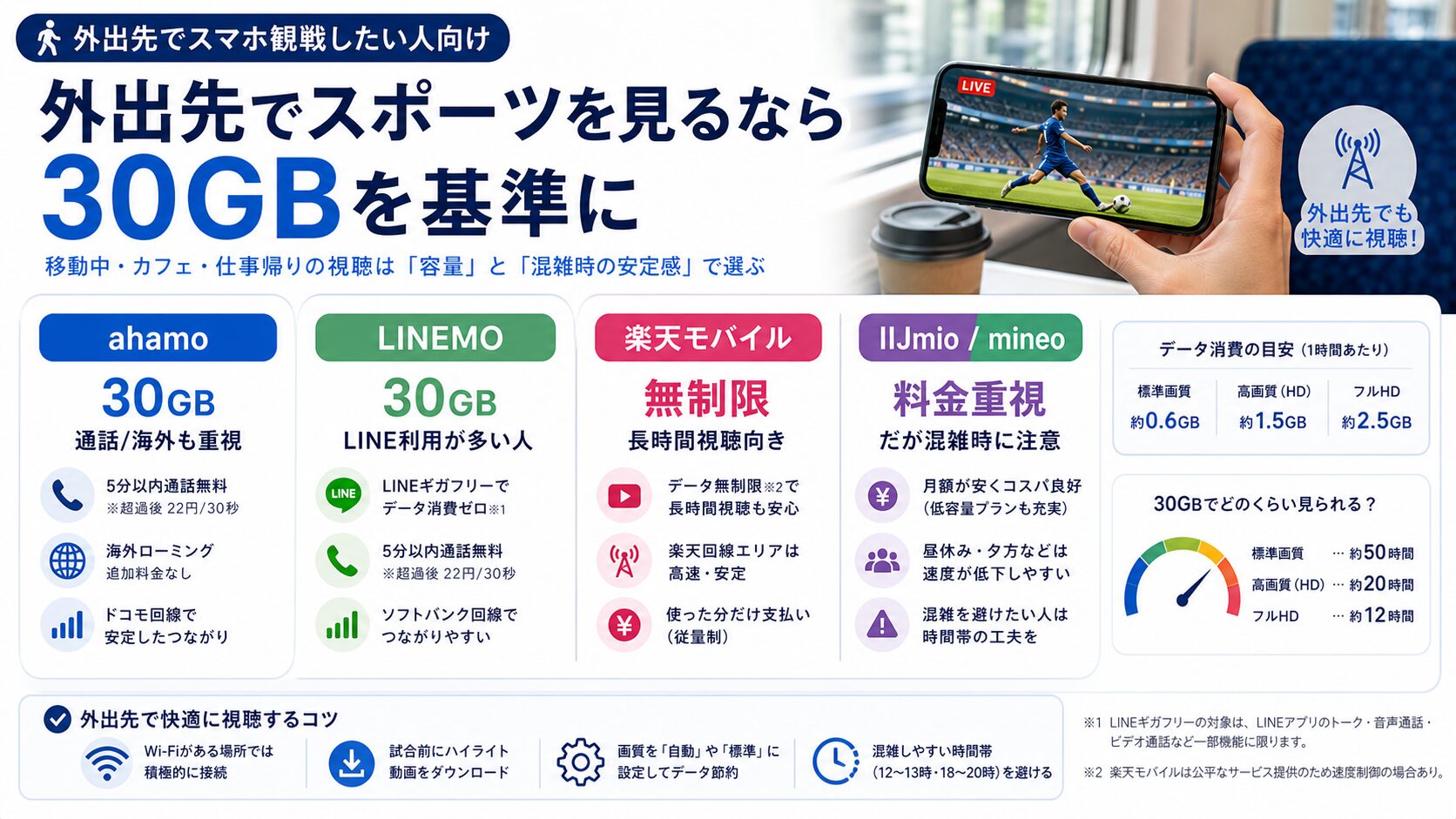 外出先のスポーツ観戦向け30GBプラン図解