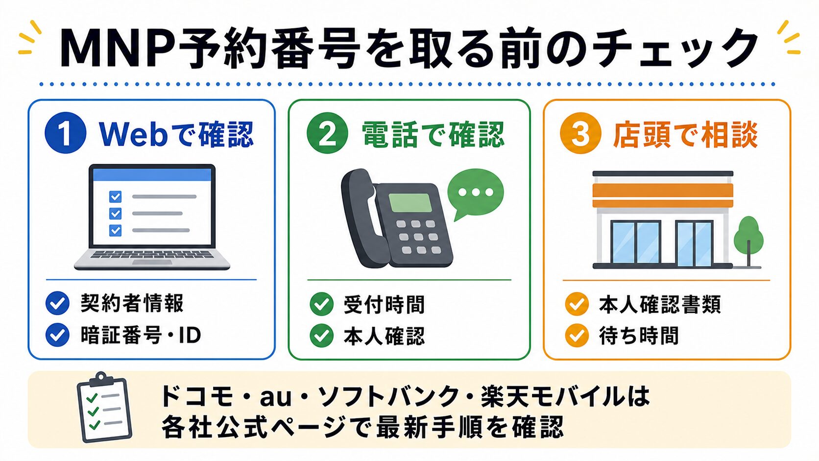 ドコモ・au・ソフトバンク・楽天モバイルのMNP予約番号取得前チェック図解