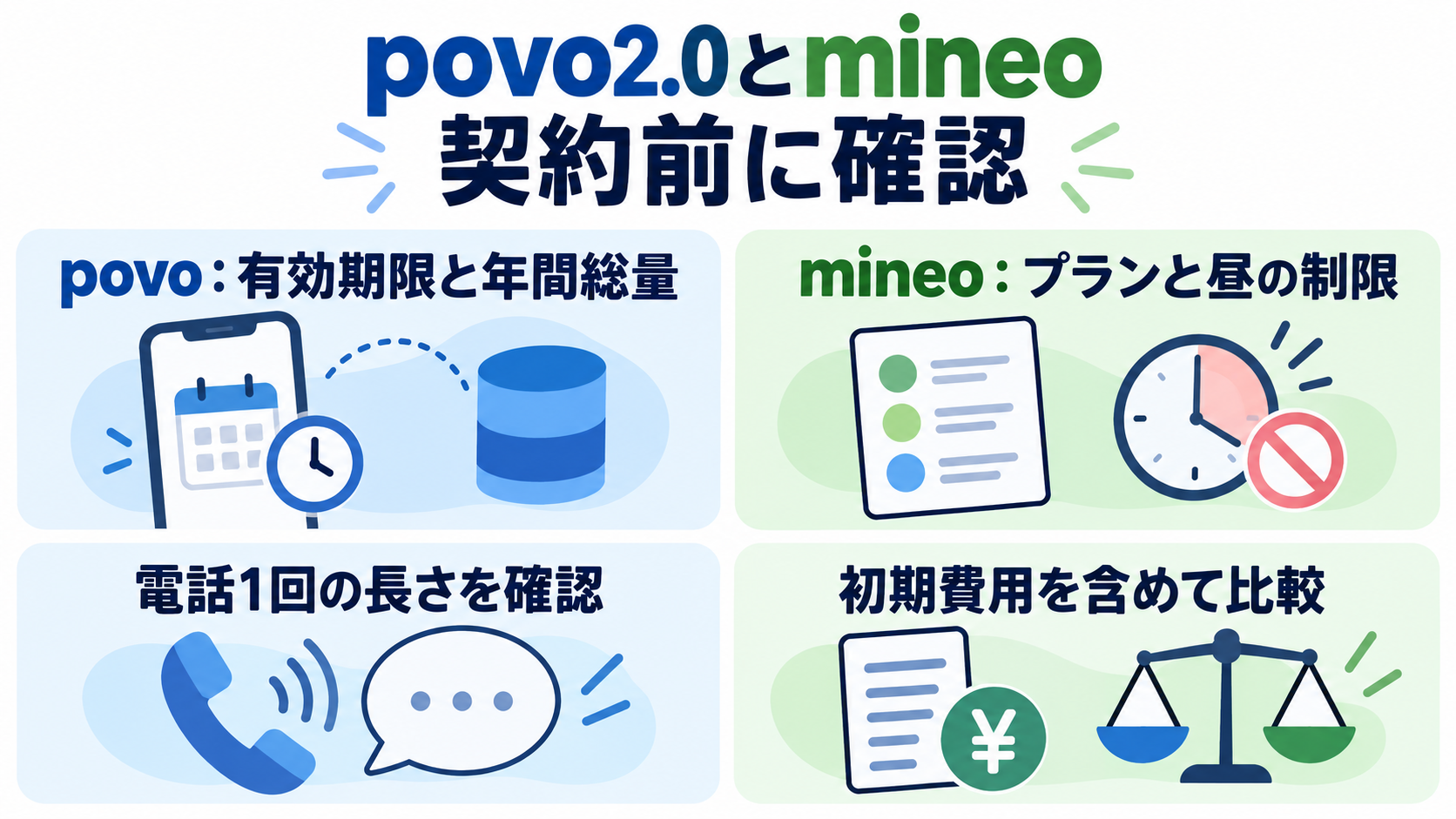 povoの期限と総容量、mineoのプランと昼の制限、電話の長さ、初期費用を確認して選ぶ図