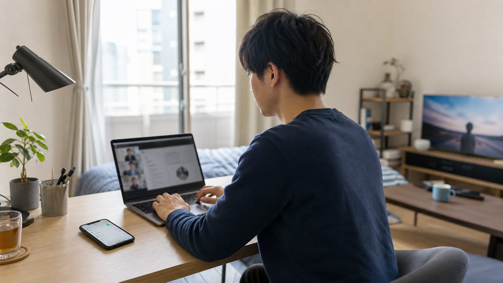 東京暮らしで楽天モバイルのテザリングを使い、PC作業やWeb会議、動画視聴をする様子