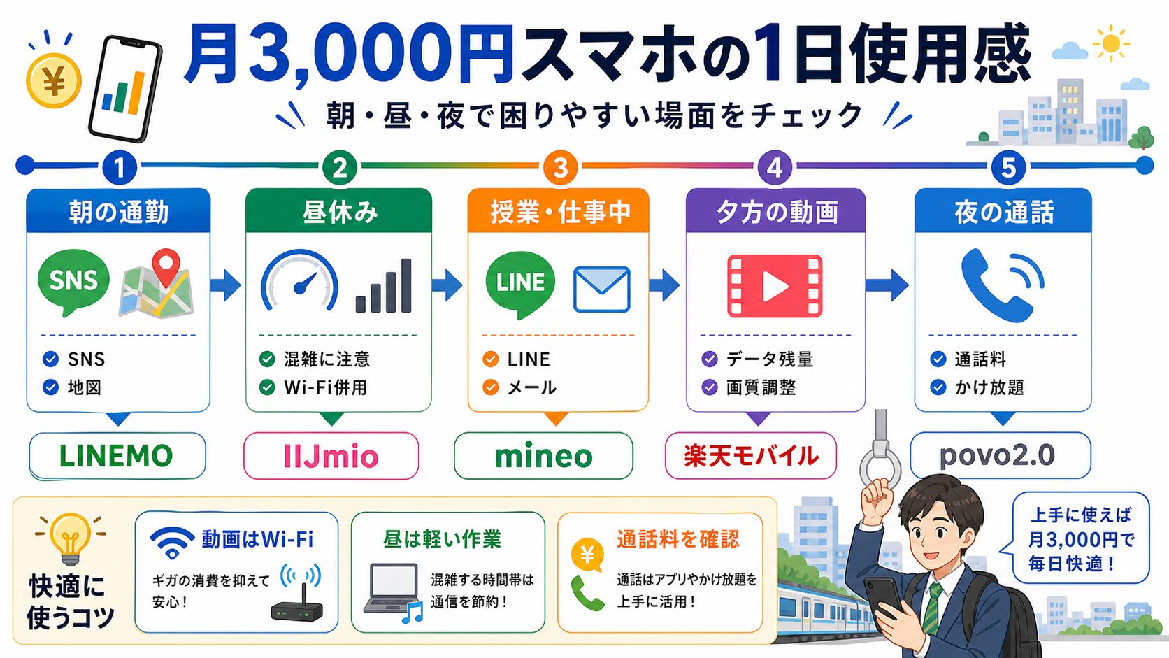 月3,000円スマホの1日使用感図解